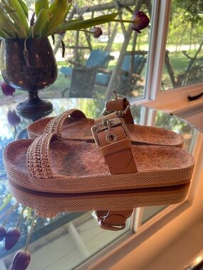 Scotch and Soda Yolin Sandal in Cognac -Woven Platform Slide Sandals with Buckle